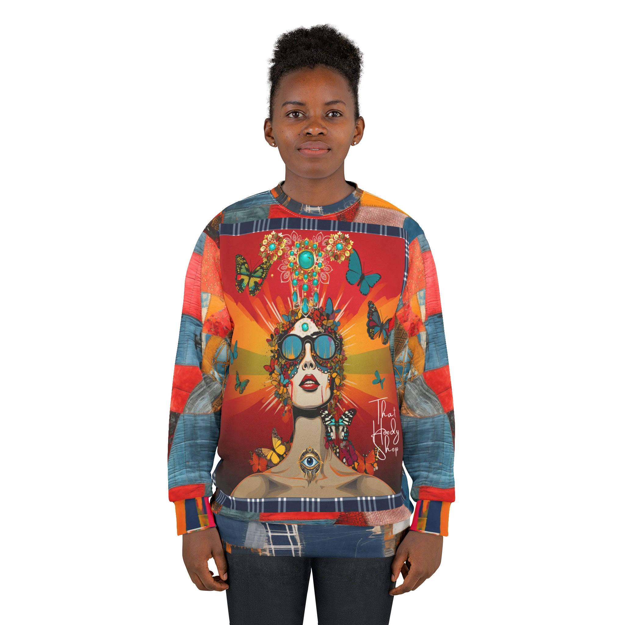 Sudadera unisex con estampado de patchwork de mezclilla Everything Looks Perfect