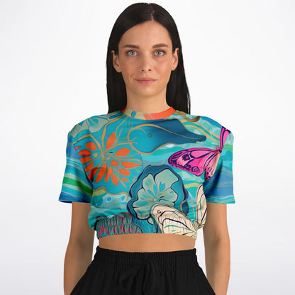 Bahamian Blue Waves Butterfly Eco-Poly Short Sleeve Cropped Sweatshirt