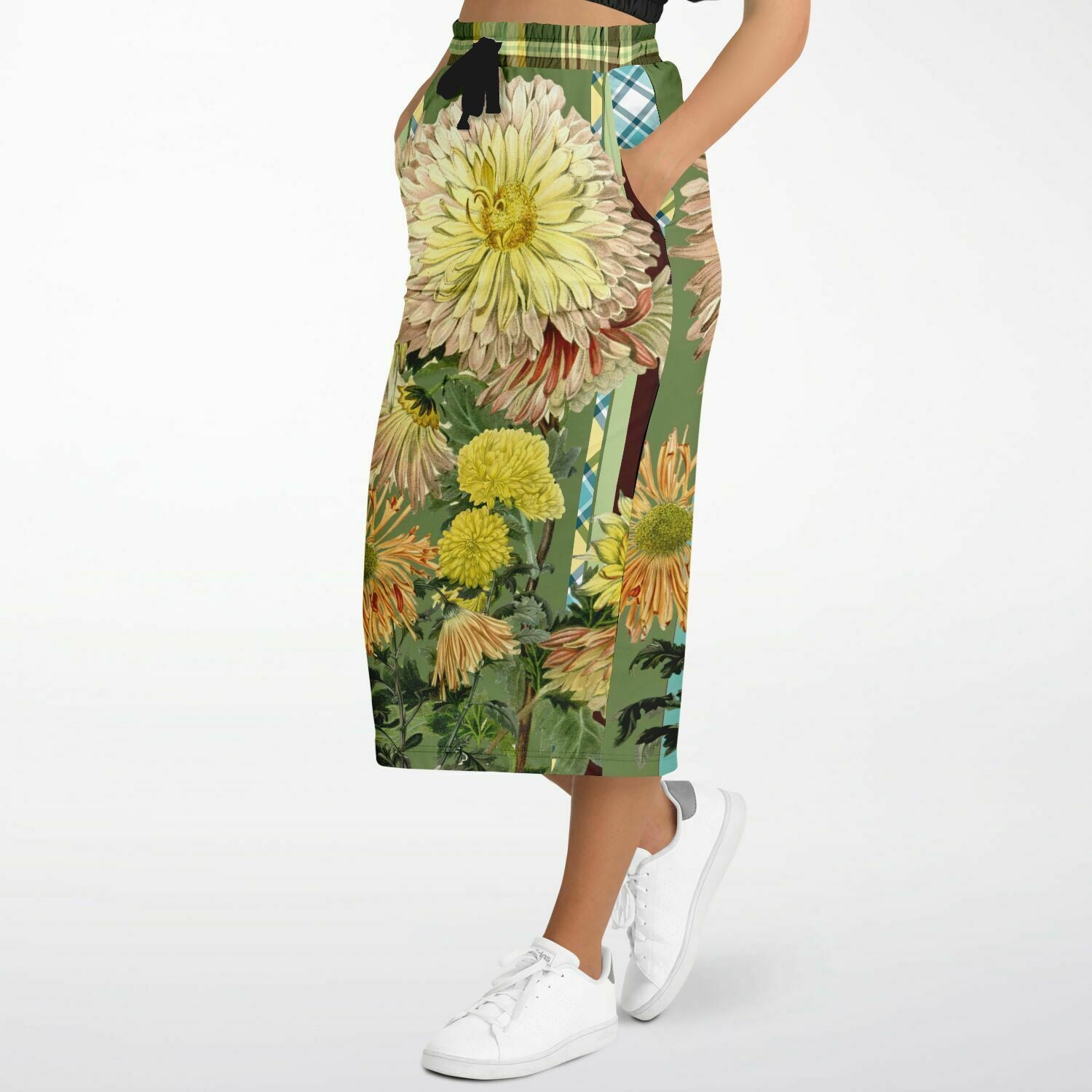 Green Caravan Floral Striped Eco-Poly Long Pocket Skirt