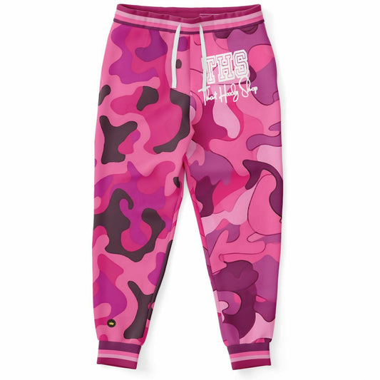 Joggers unisex de poliéster ecológico con camuflaje abstracto rosa pasión 