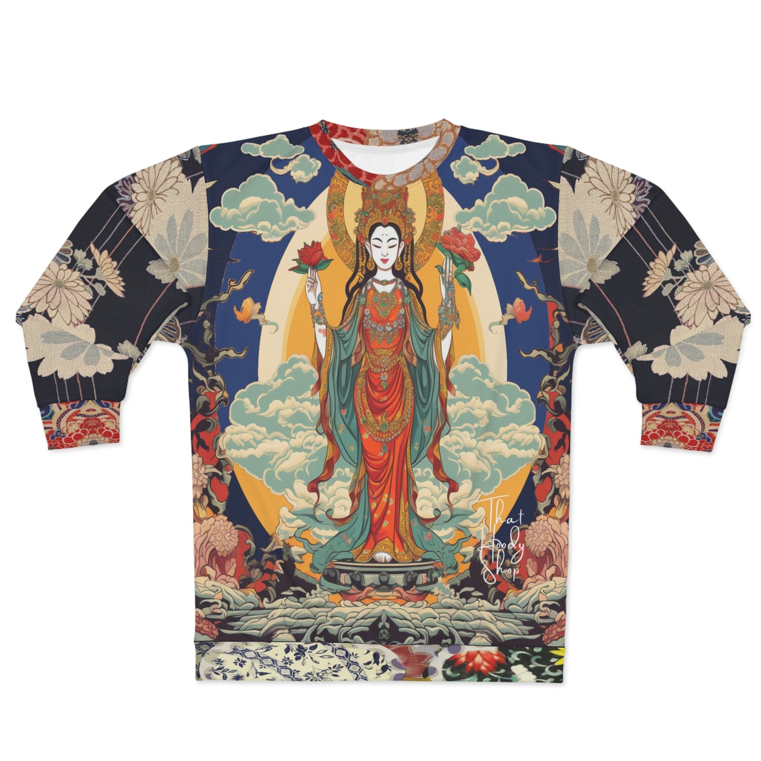 Diosa de la compasión Guan Yin en sudadera unisex azul