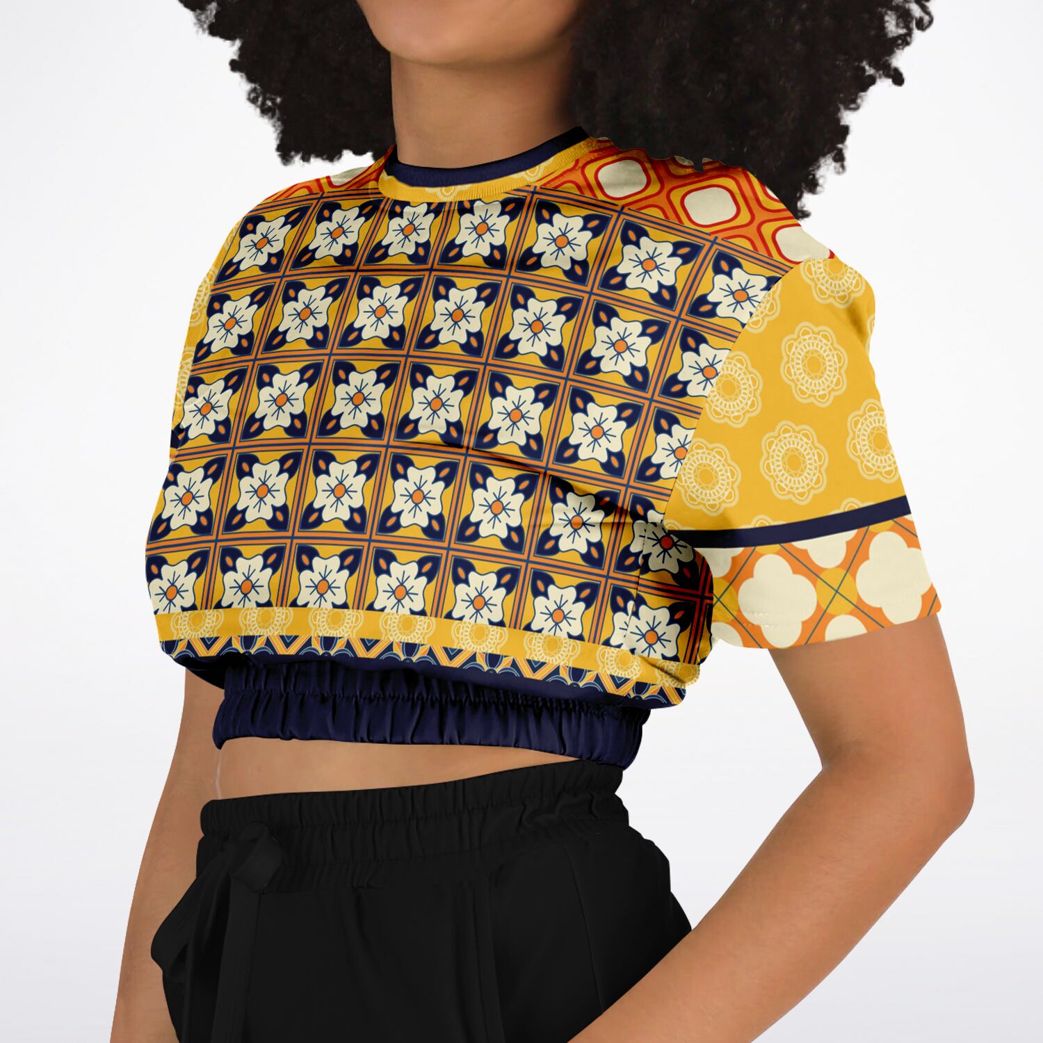 Gypsy Harvest Patchwork Eco-Poly Short Sleeve Cropped Sweater