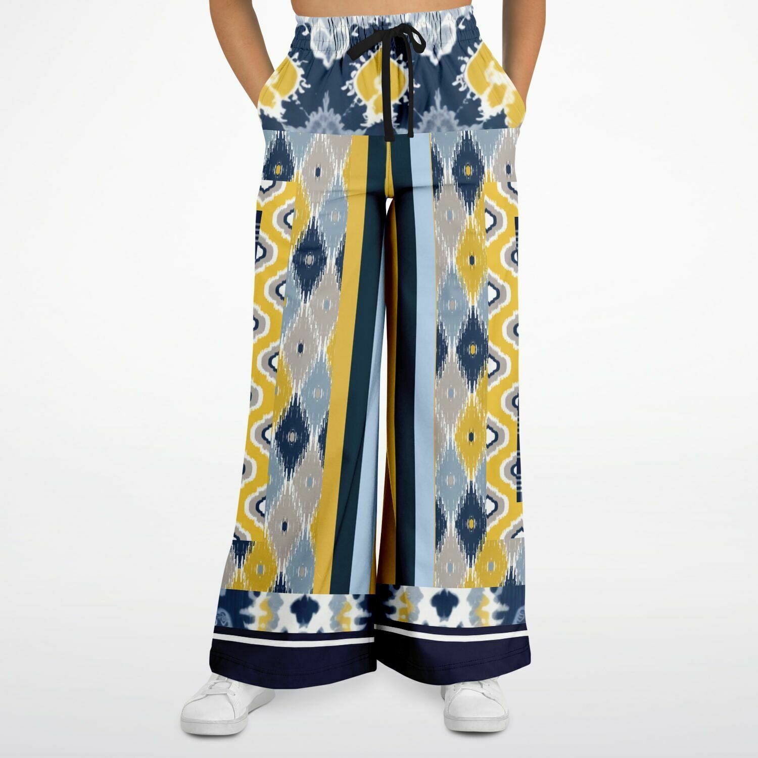 Royal Navy and Yellow Indian Batik Eco-Poly Wide Leg Pants