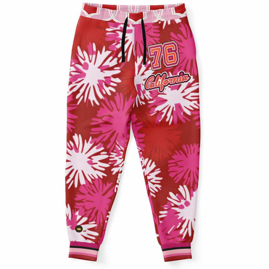 Joggers unisex de poliéster ecológico con explosión de clavel rosa de California 1976 