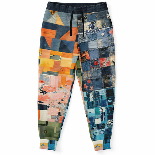 Joggers unisex de poliéster ecológico con estampado de patchwork de mezclilla femenina Devine 