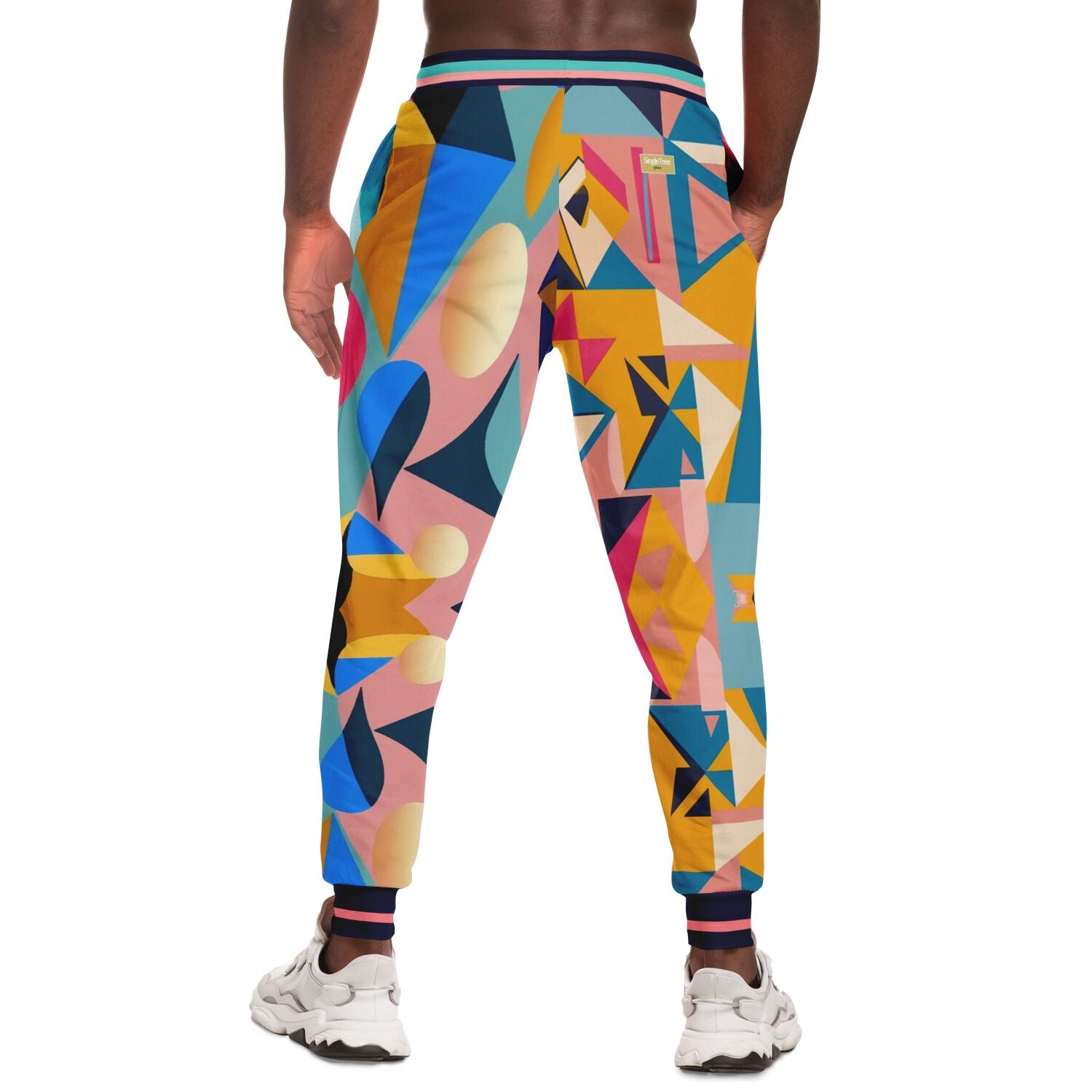 Joggers unisex de poliéster ecológico con estampado geométrico de cubismo rosa 