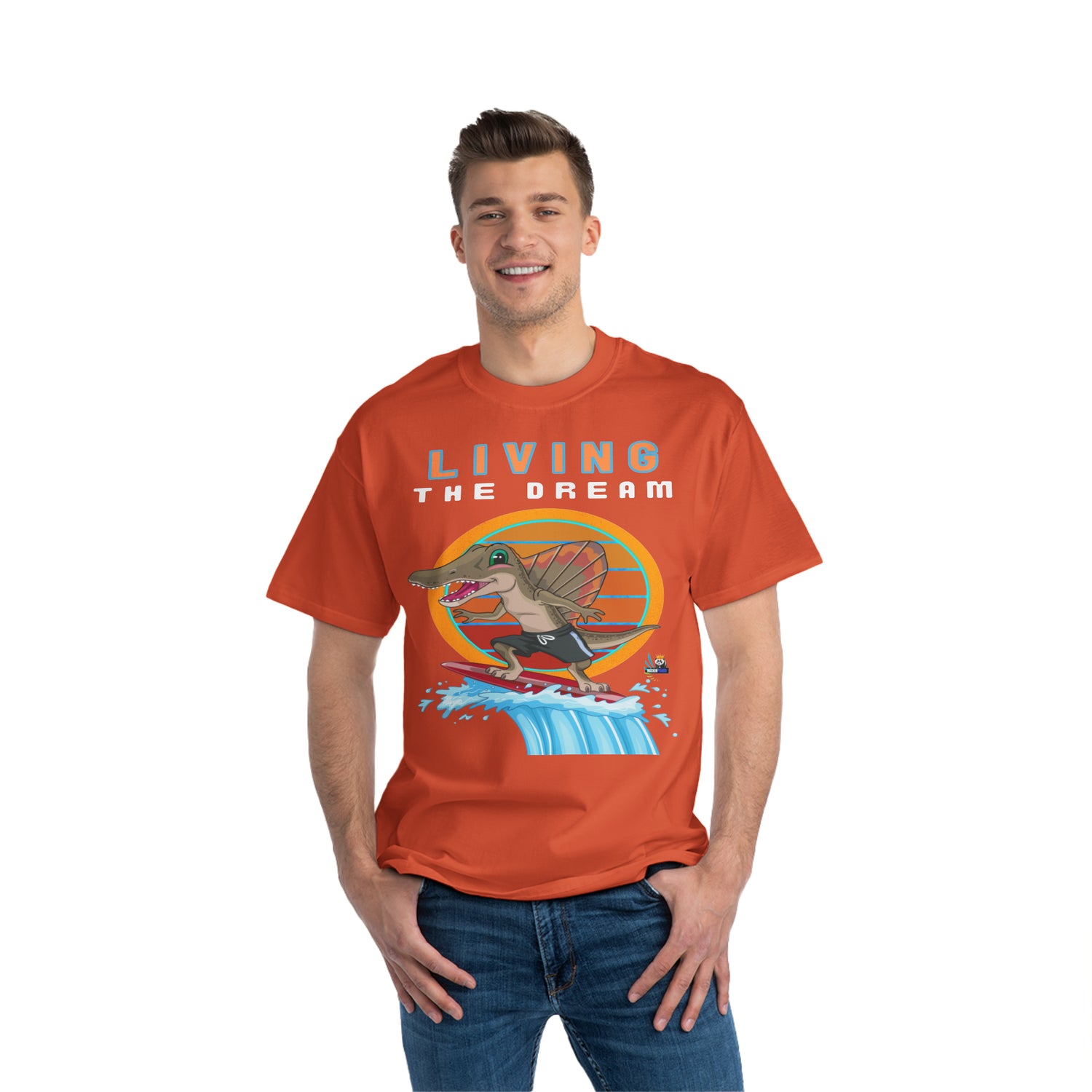 Living the Dream Dinosaur Surfer Unisex Heavyweight Tee