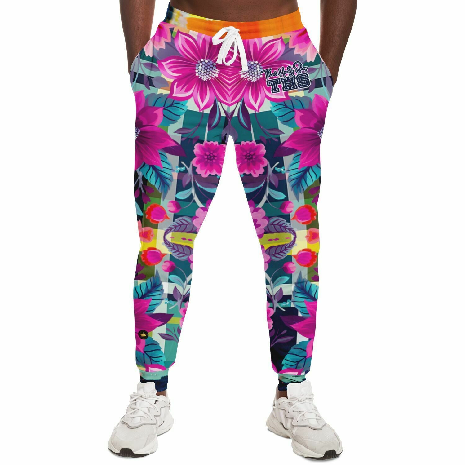 Look of Betrayal - Joggers unisex de poliéster ecológico con estampado floral y cuadros rosas