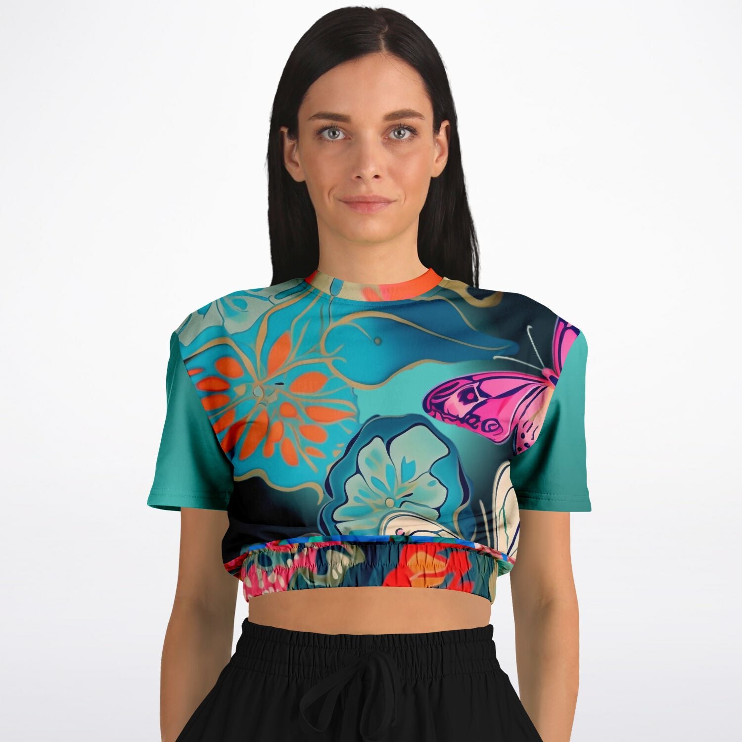 Midnight Butterfly Melody Eco-Poly Short Sleeve Cropped Sweater