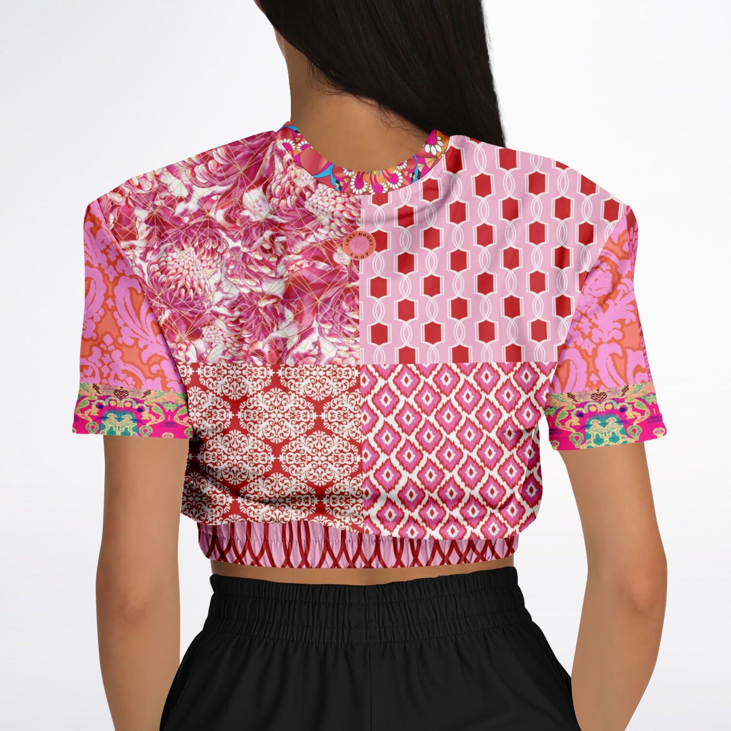 Gypsy Beat Pink Patchwork Short Sleeve Cropped Sweater