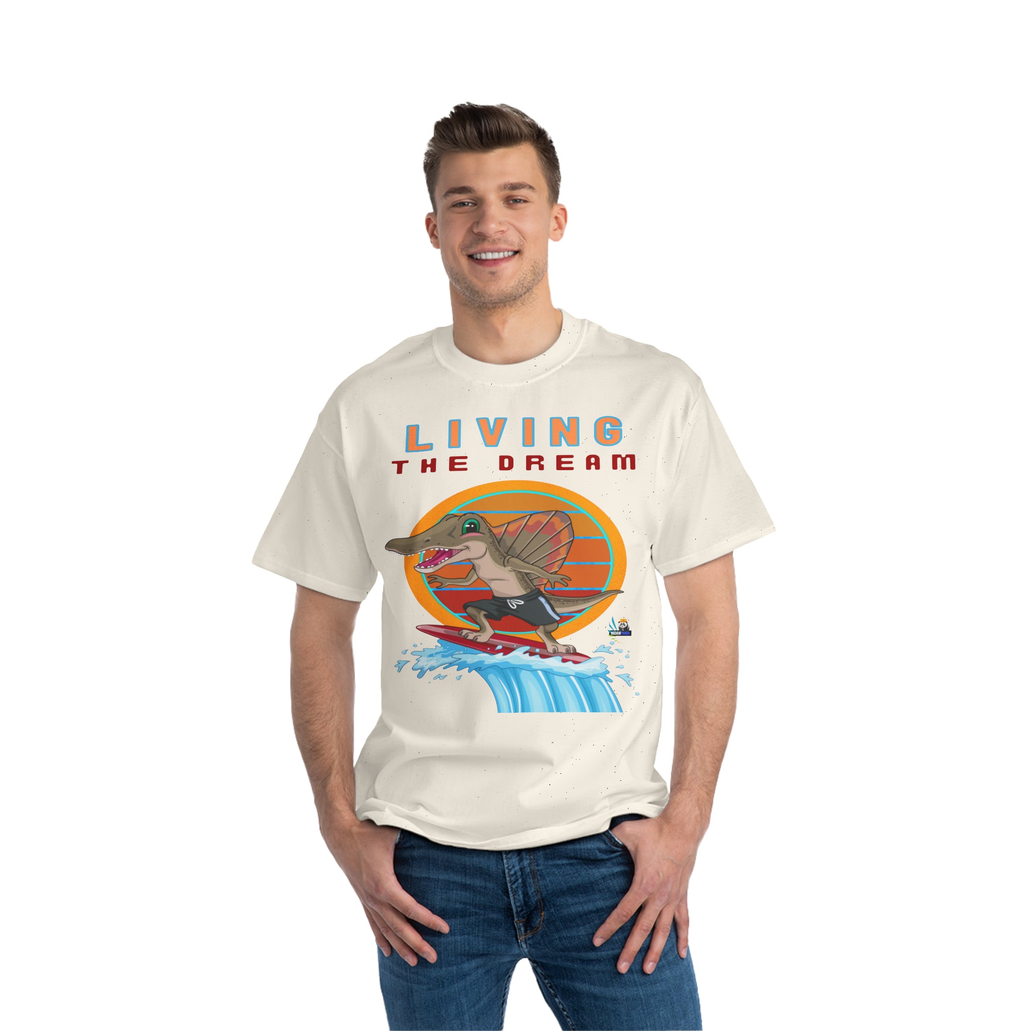 Living the Dream Dinosaur Surfer Unisex Heavyweight Tee