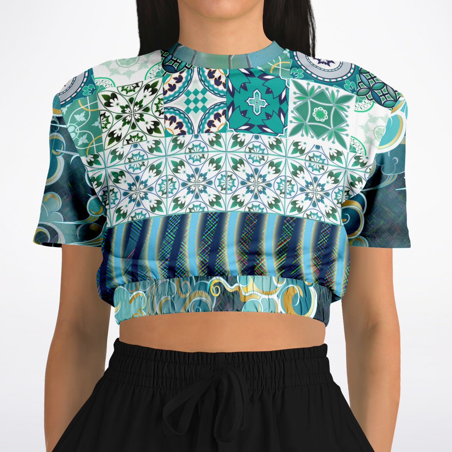 Green Meknes Mosaic Tile Eco-Poly Short Sleeve Cropped Sweater