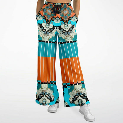 Coral Reef Turquoise Batique Pinstripe Floral Eco-Poly Wide Leg Pants