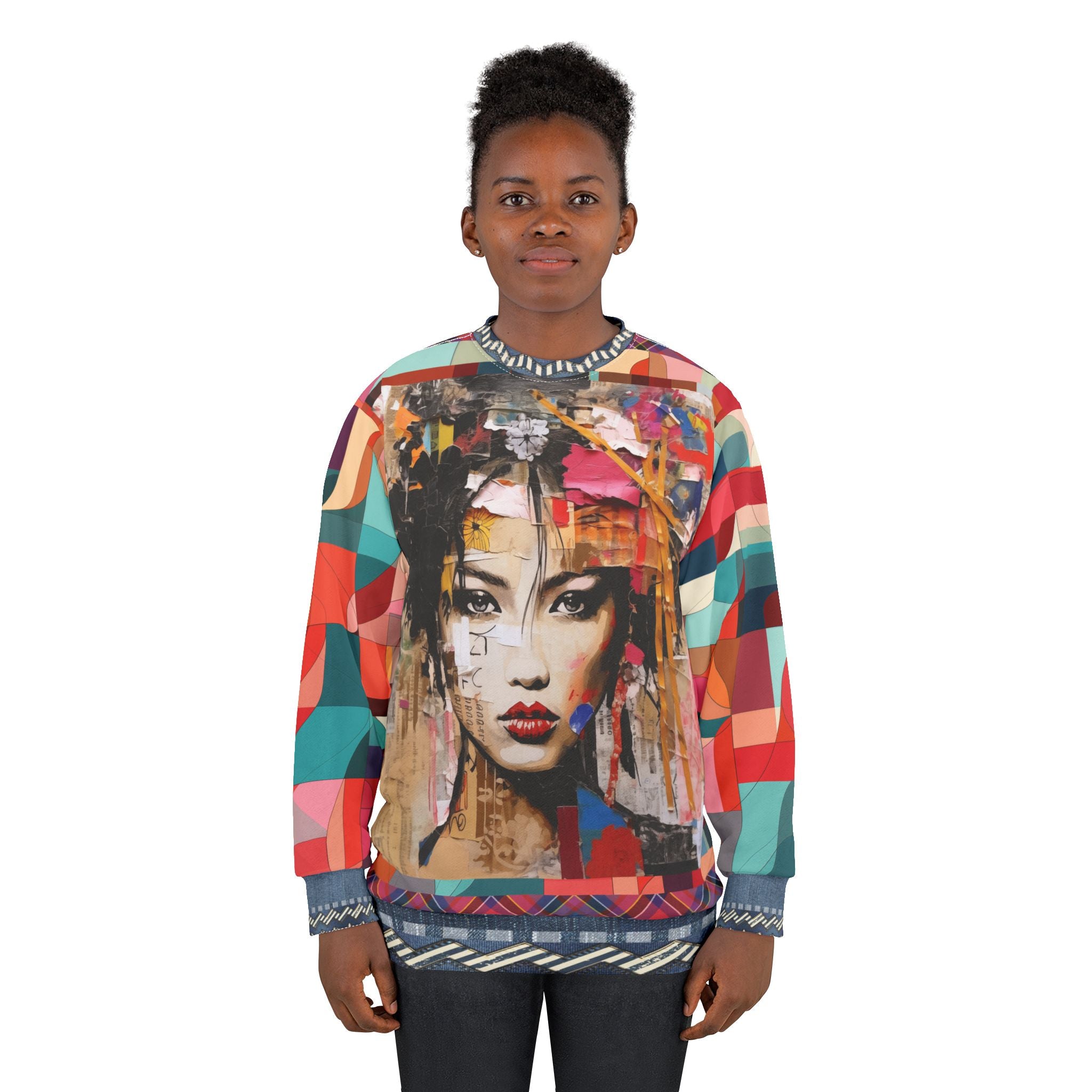 Girl in Exotic Collage Patchwork Mid-Weight Polyester Unisex Sweatshirt (Gold Label)