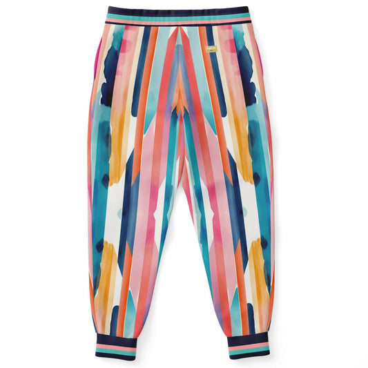 Joggers unisex de poliéster ecológico con rayas abstractas y lluvia en bloques de color rosa 