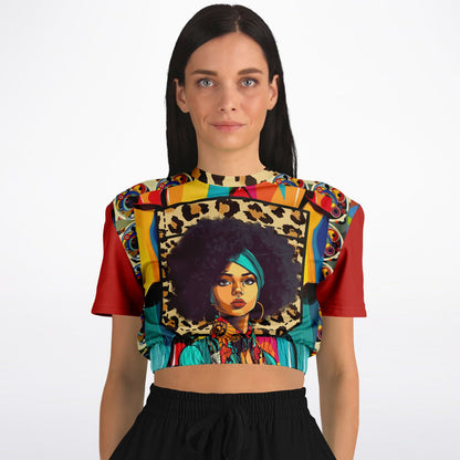 Afro-Queen Solace Cheetah Rainbow Geo Eco-Poly Short Sleeve Cropped Sweater