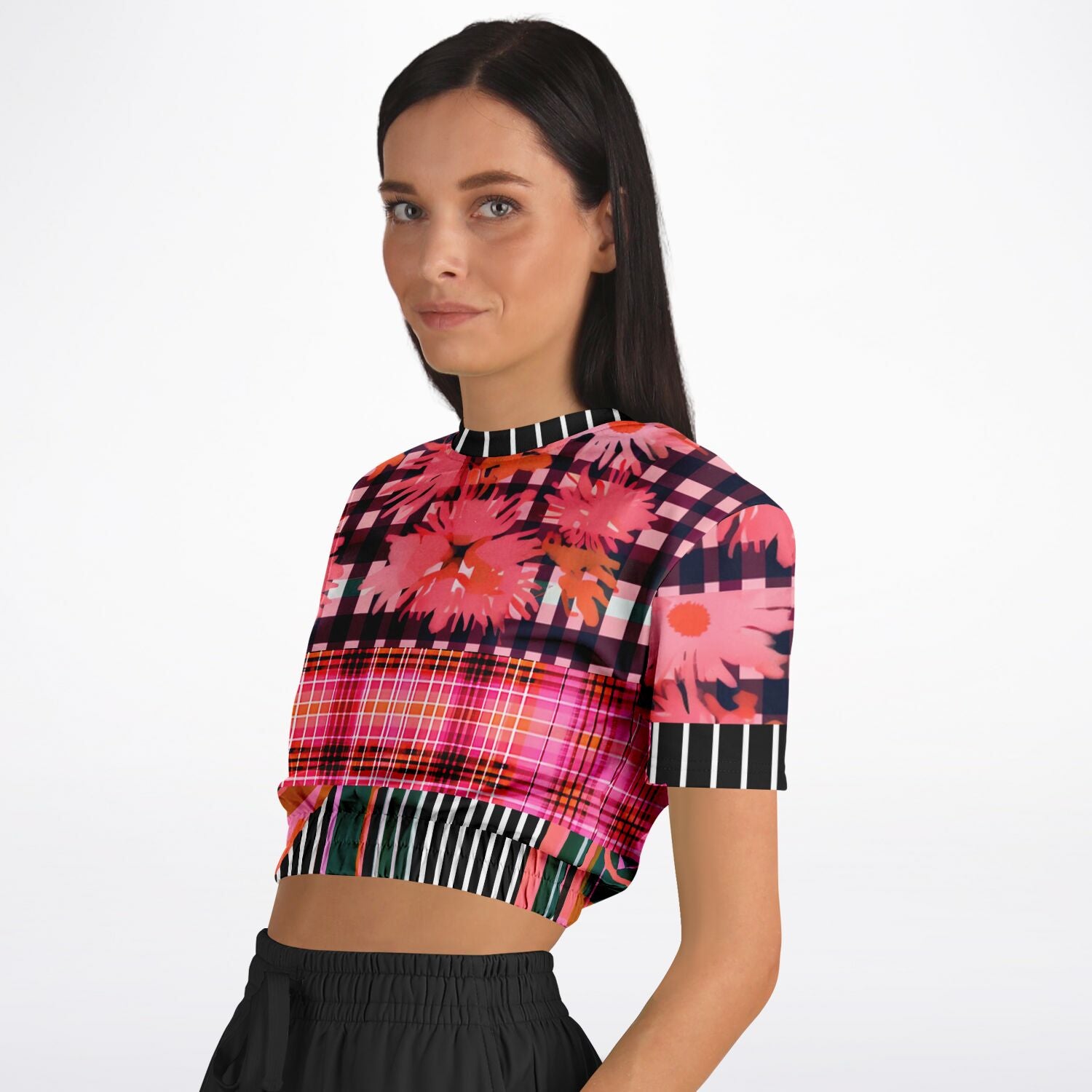 Pink Chrysanthemum Plaid Floral Eco-Poly Short Sleeve Cropped Sweater