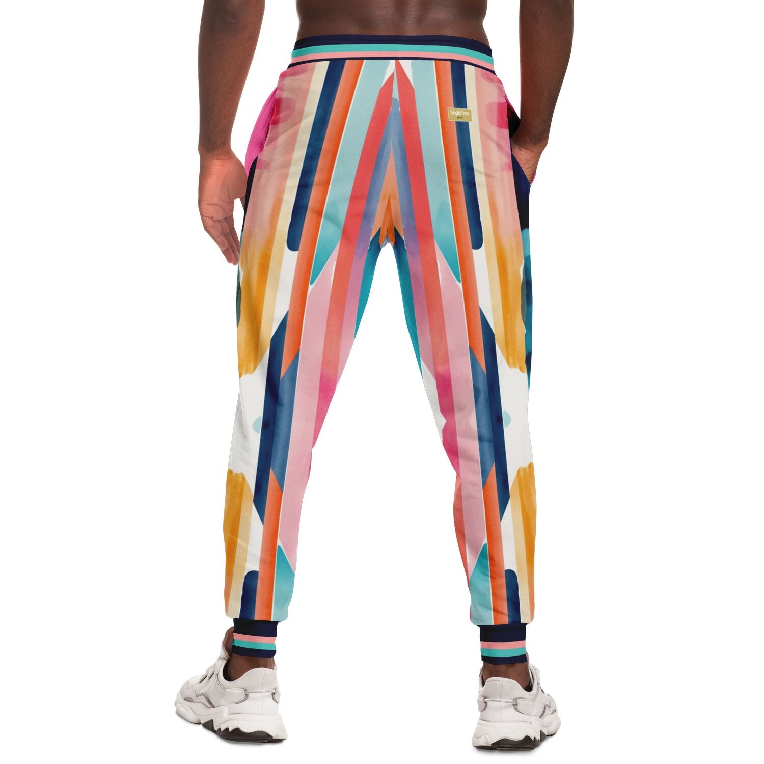 Joggers unisex de poliéster ecológico con rayas abstractas y lluvia en bloques de color rosa 