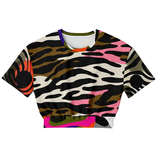 Wowzer Zowzer Animal Print Patchwork Eco-Poly Cropped Short Sleeve Sweater