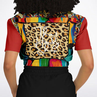 Afro-Queen Solace Cheetah Rainbow Geo Eco-Poly suéter corto de manga corta 