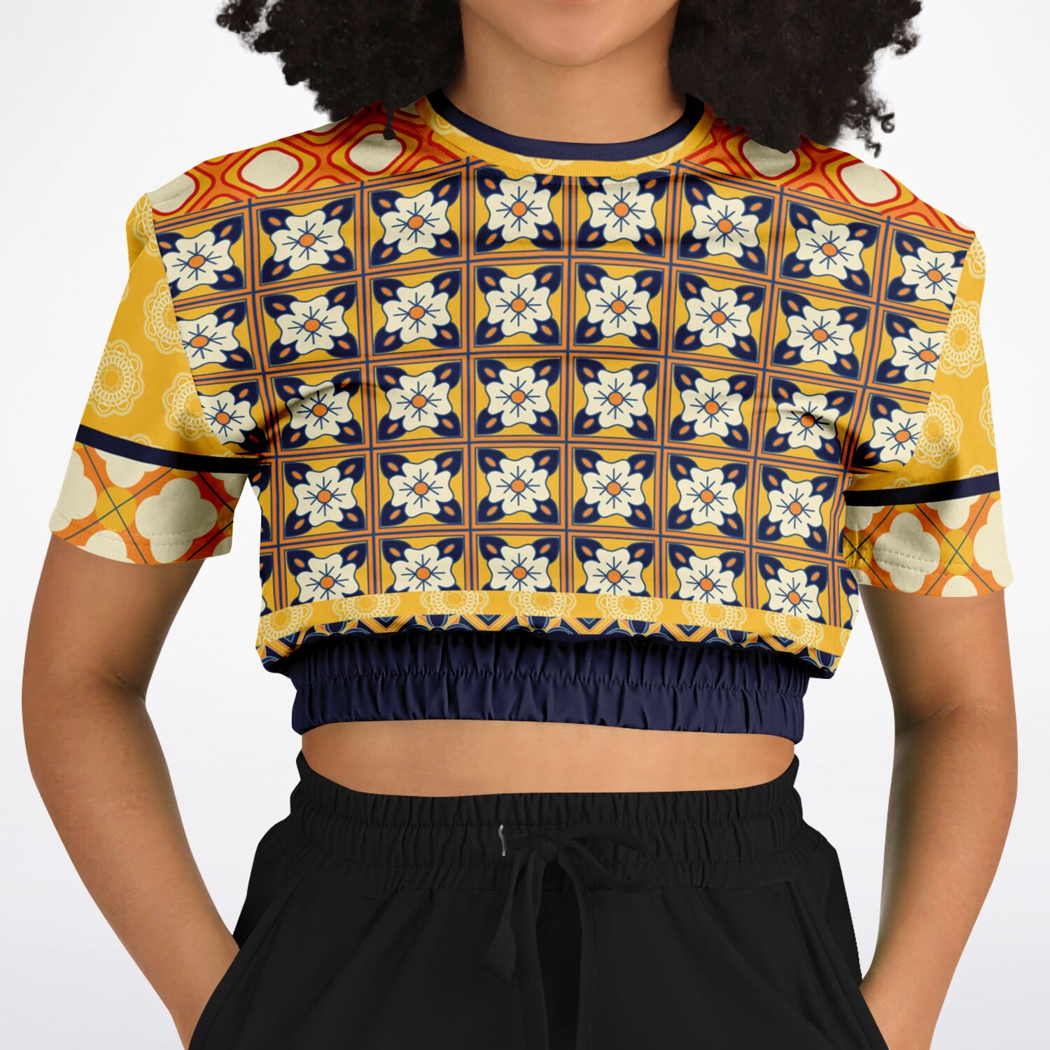 Gypsy Harvest Patchwork Eco-Poly Short Sleeve Cropped Sweater