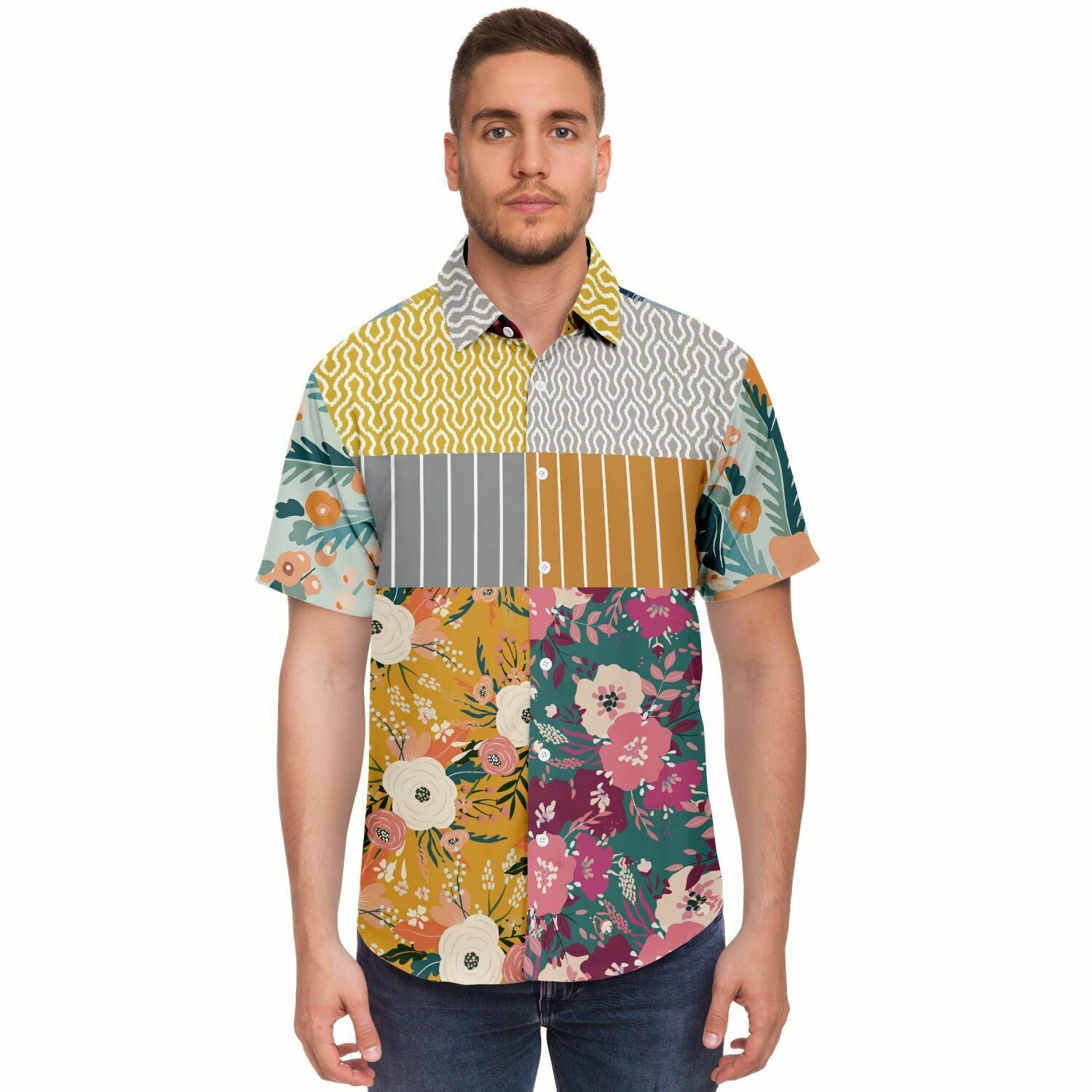 Tallulah Bankhead Floral Ikat Patchwork Short Sleeve Button Down Shirt copy