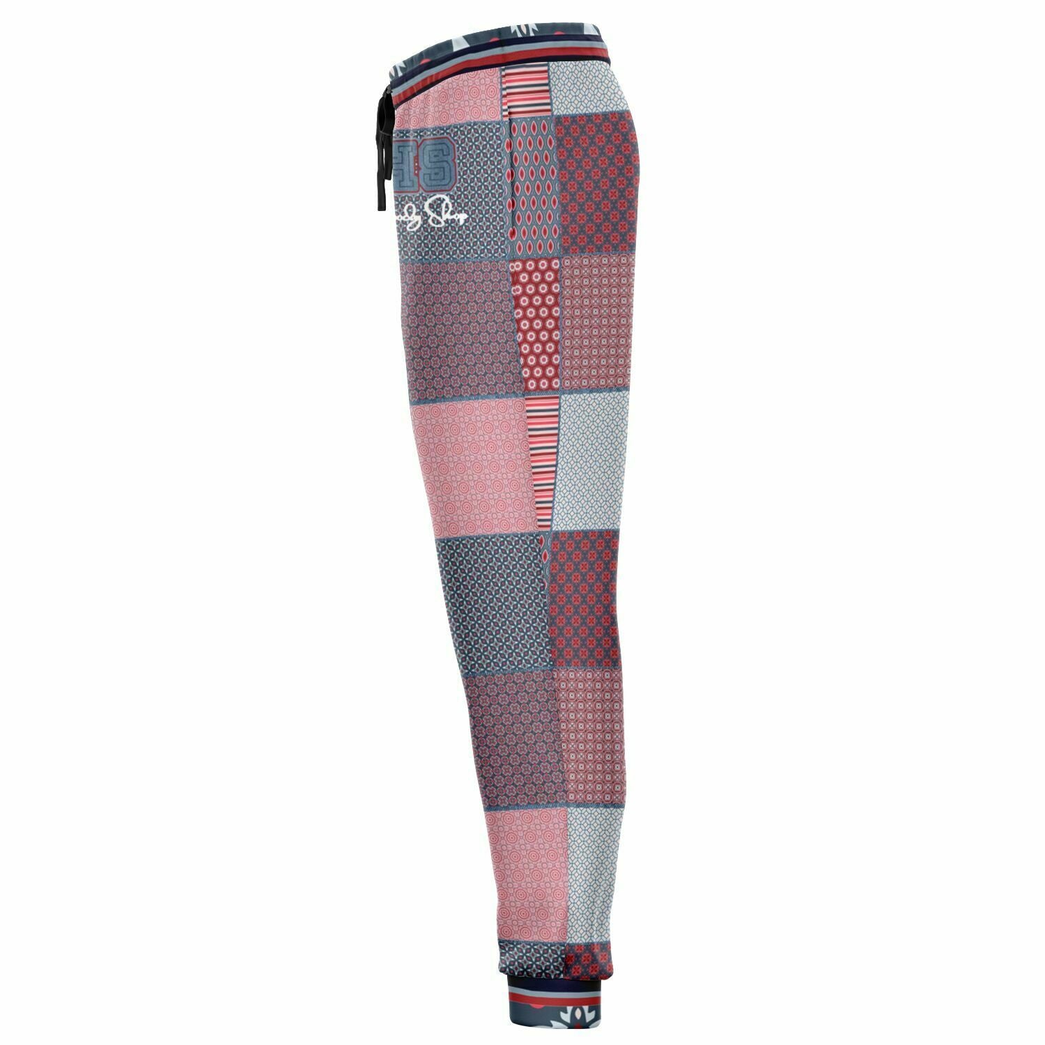 Joggers unisex de poliéster ecológico con patchwork de mezclilla Geo Montauk en rosa 