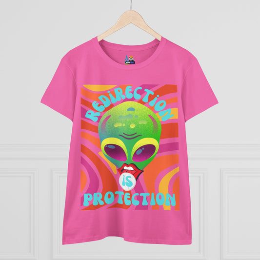 Retro Alien Women's Tee - 'Redirection is Protection' Graphic Shirt
