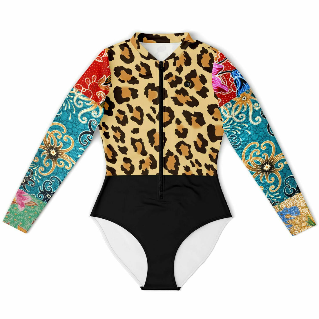 Sweet Clementine Leopard Batik Patchwork Long Sleeve Bodysuit