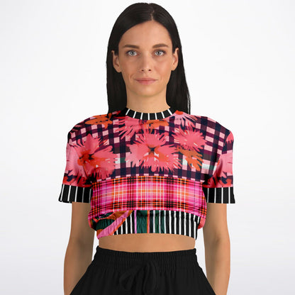 Pink Chrysanthemum Plaid Floral Eco-Poly Short Sleeve Cropped Sweater