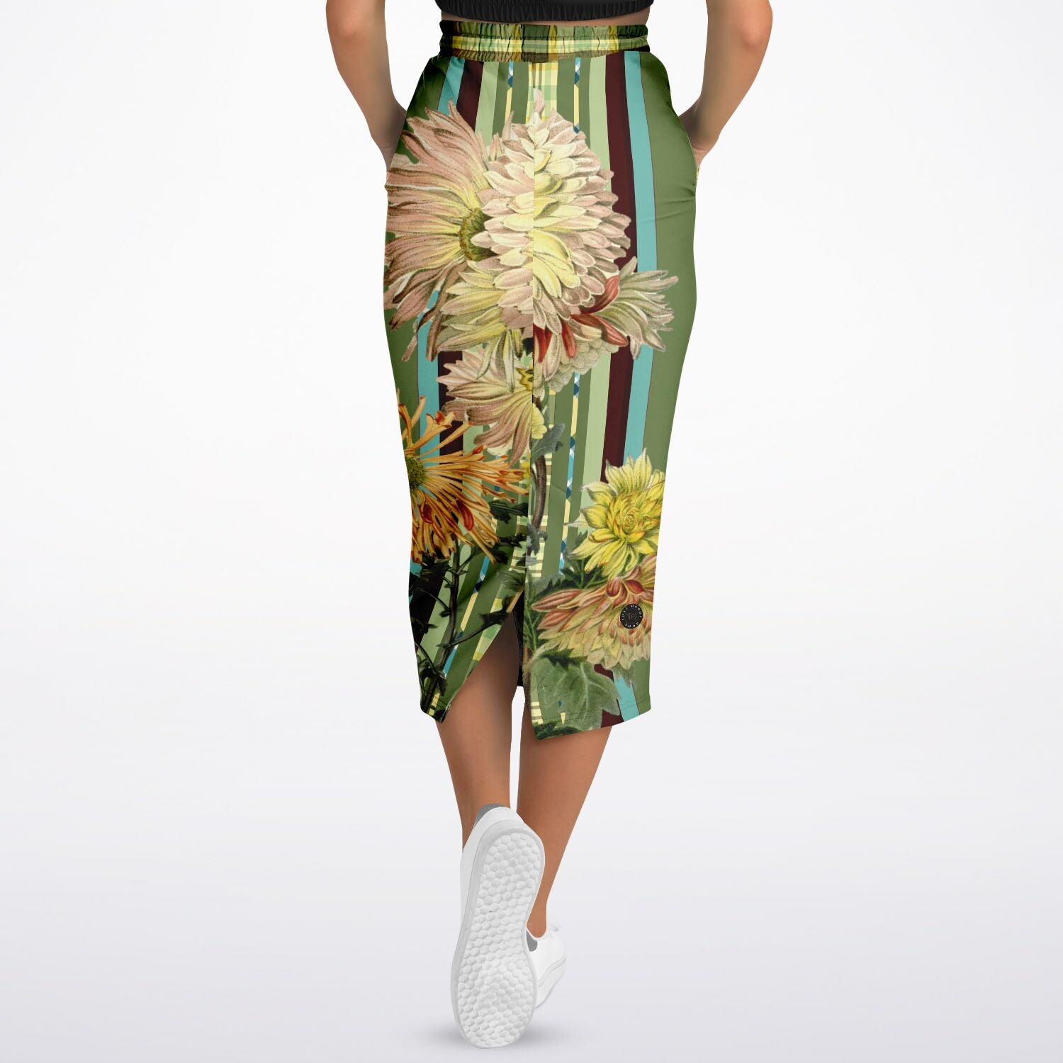 Green Caravan Floral Striped Eco-Poly Long Pocket Skirt