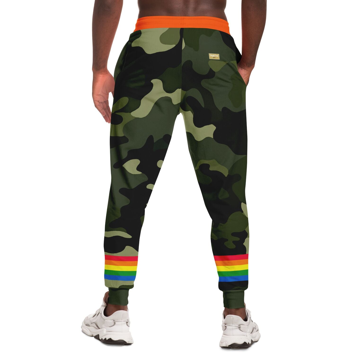 Joggers unisex de poliéster ecológico con rayas arcoíris y camuflaje verde 