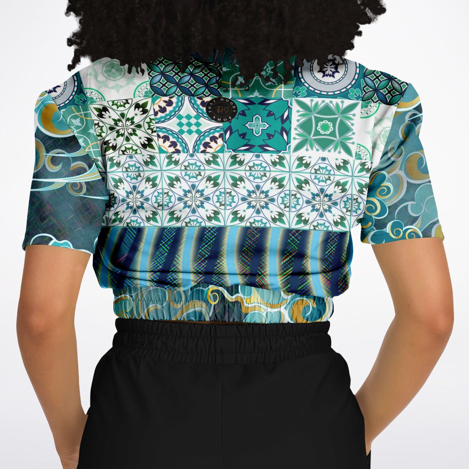 Green Meknes Mosaic Tile Eco-Poly Short Sleeve Cropped Sweater