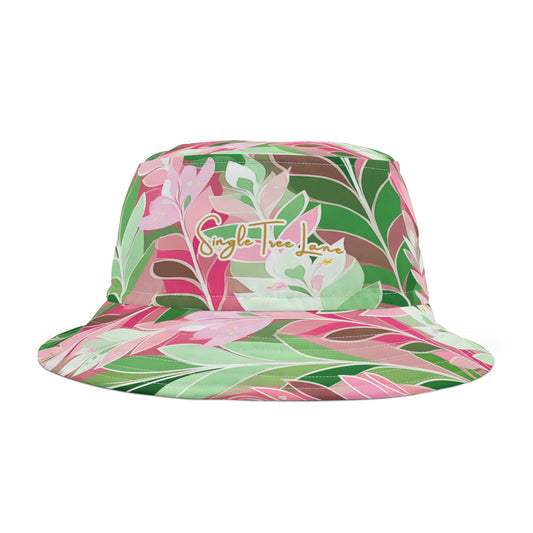 Floral patterned bucket hat with 'Single Tree Lane' logo on a white background