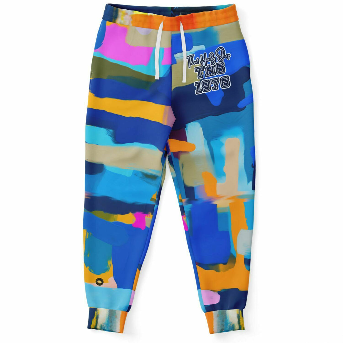 Joggers unisex de poliéster ecológico con cuadros abstractos de Warthog rosa 