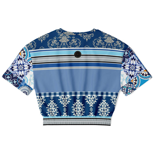 Blue Agadir Moroccan Tile Short Sleeve Cropped Eco-Poly Sweater