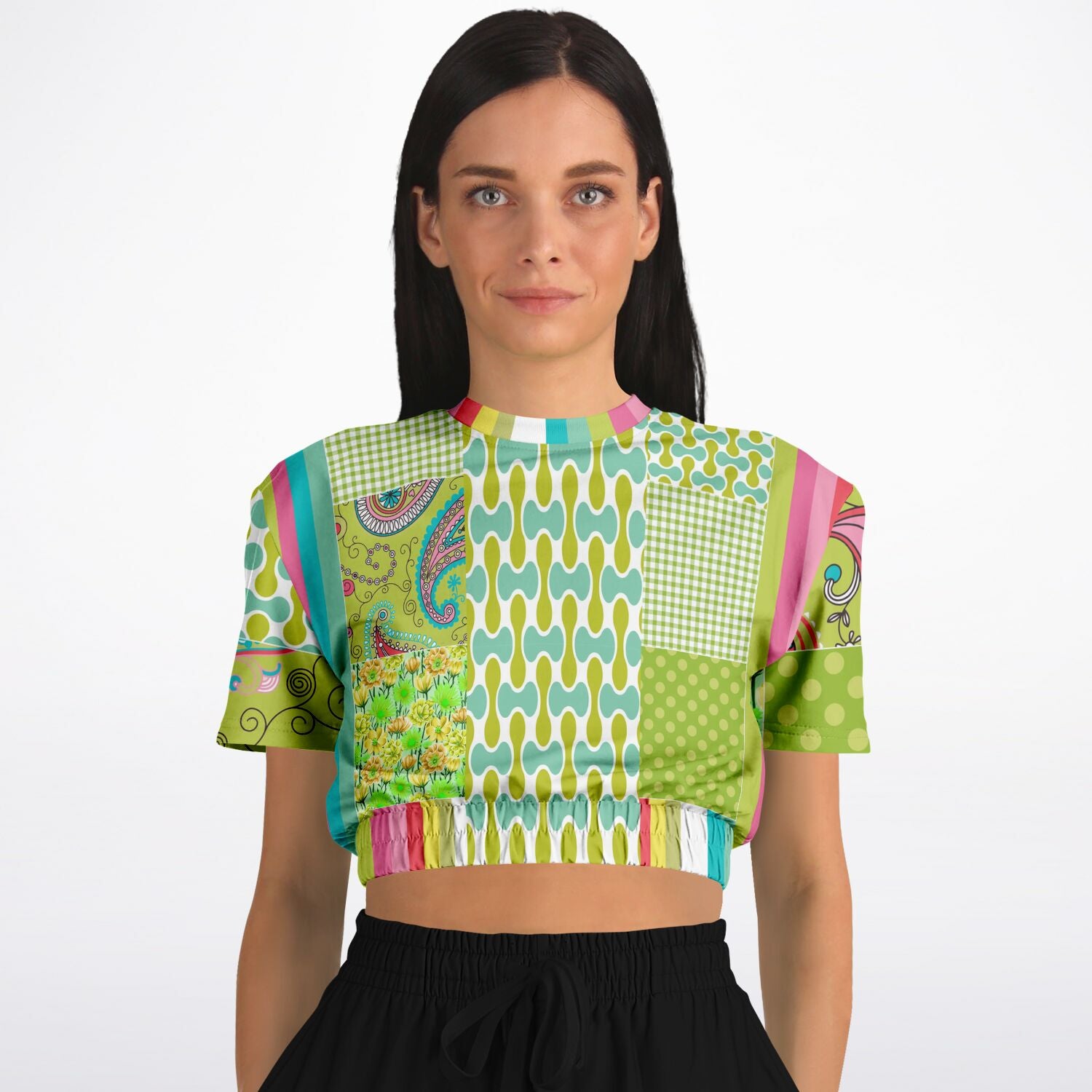 Green Anjou Pear Patchwork Eco-Poly Short Sleeve Cropped Sweater