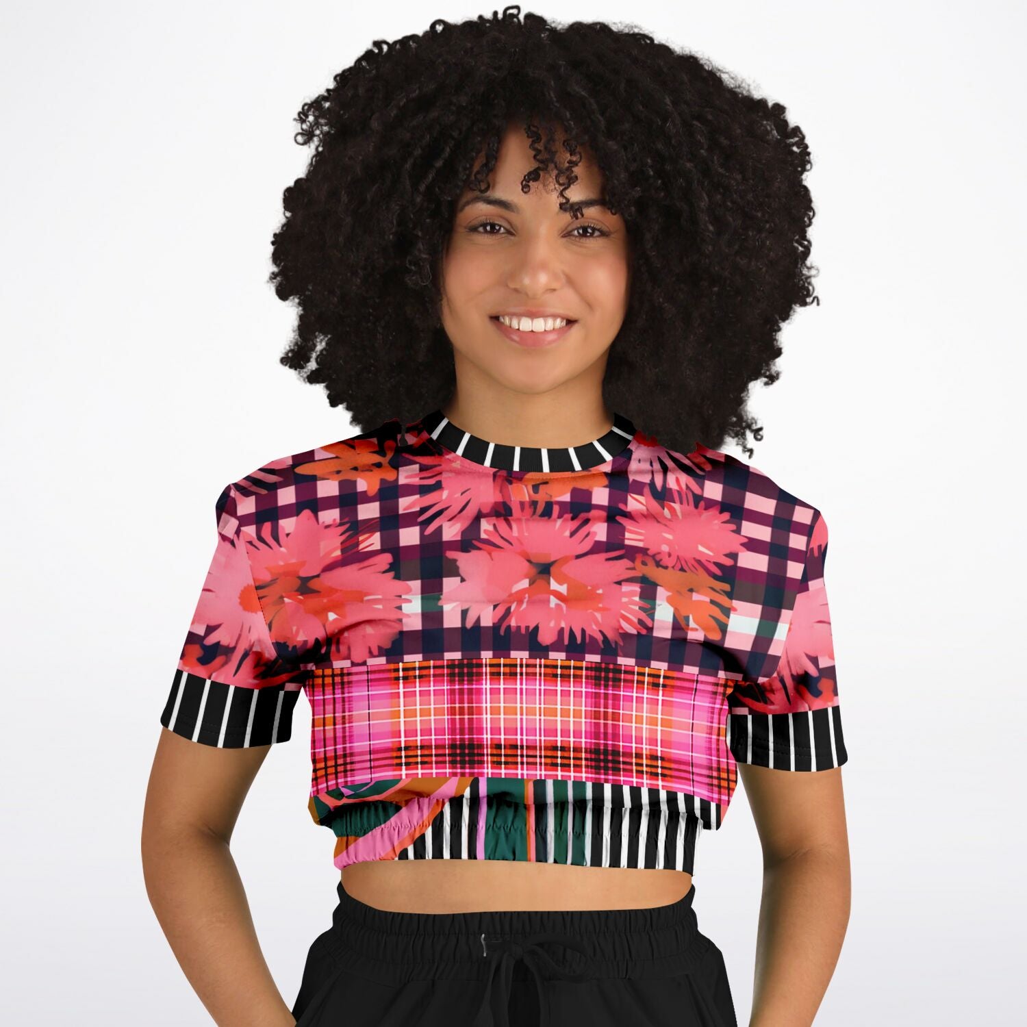 Pink Chrysanthemum Plaid Floral Eco-Poly Short Sleeve Cropped Sweater