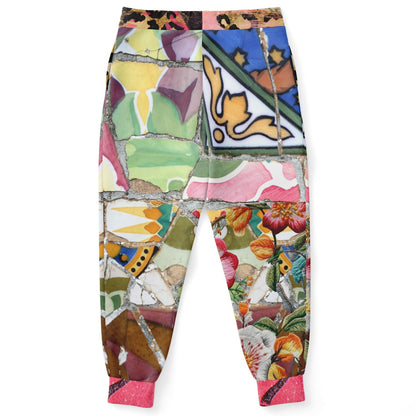 Joggers unisex de poliéster ecológico con mosaico floral de sabana africana rosa 