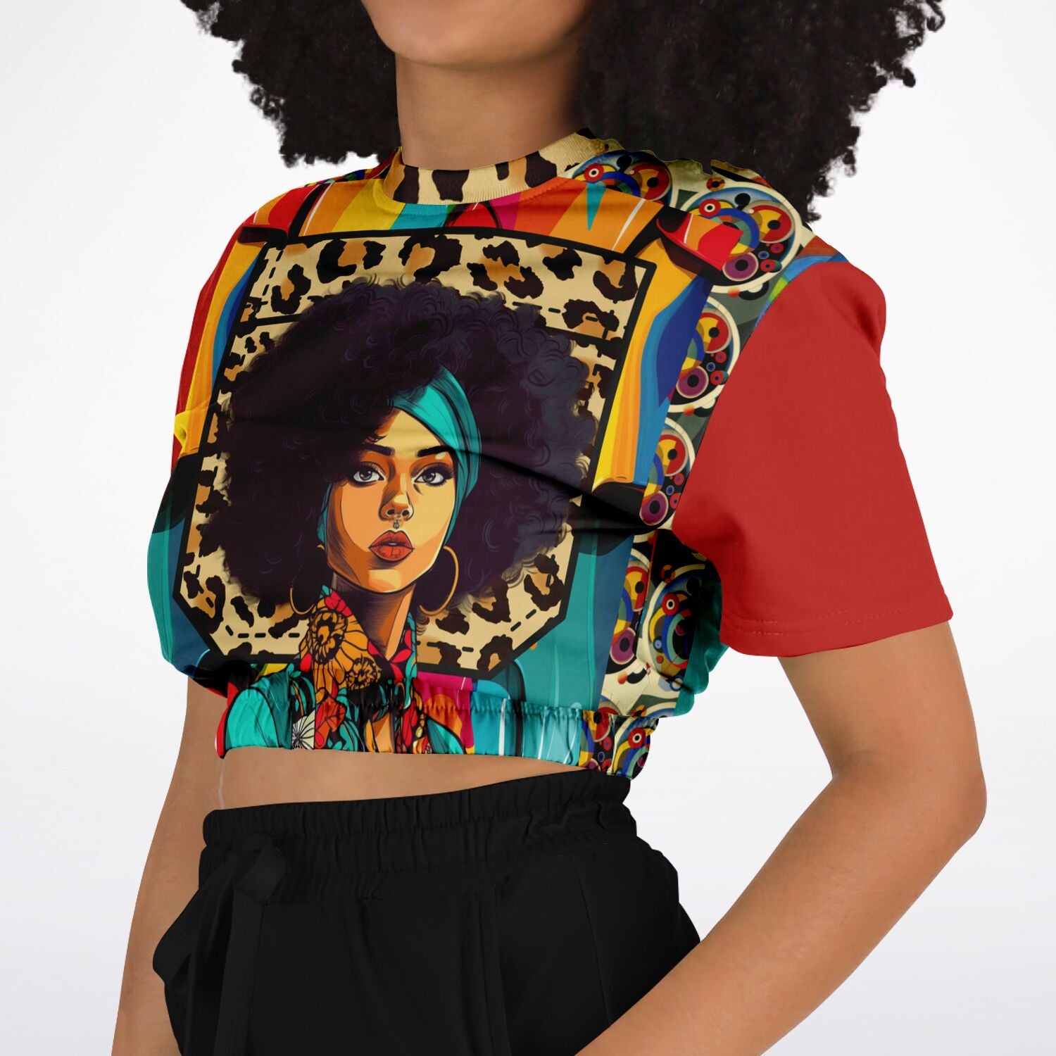 Afro-Queen Solace Cheetah Rainbow Geo Eco-Poly Short Sleeve Cropped Sweater