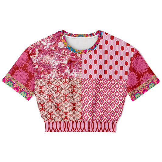 Gypsy Beat Pink Patchwork Short Sleeve Cropped Sweater