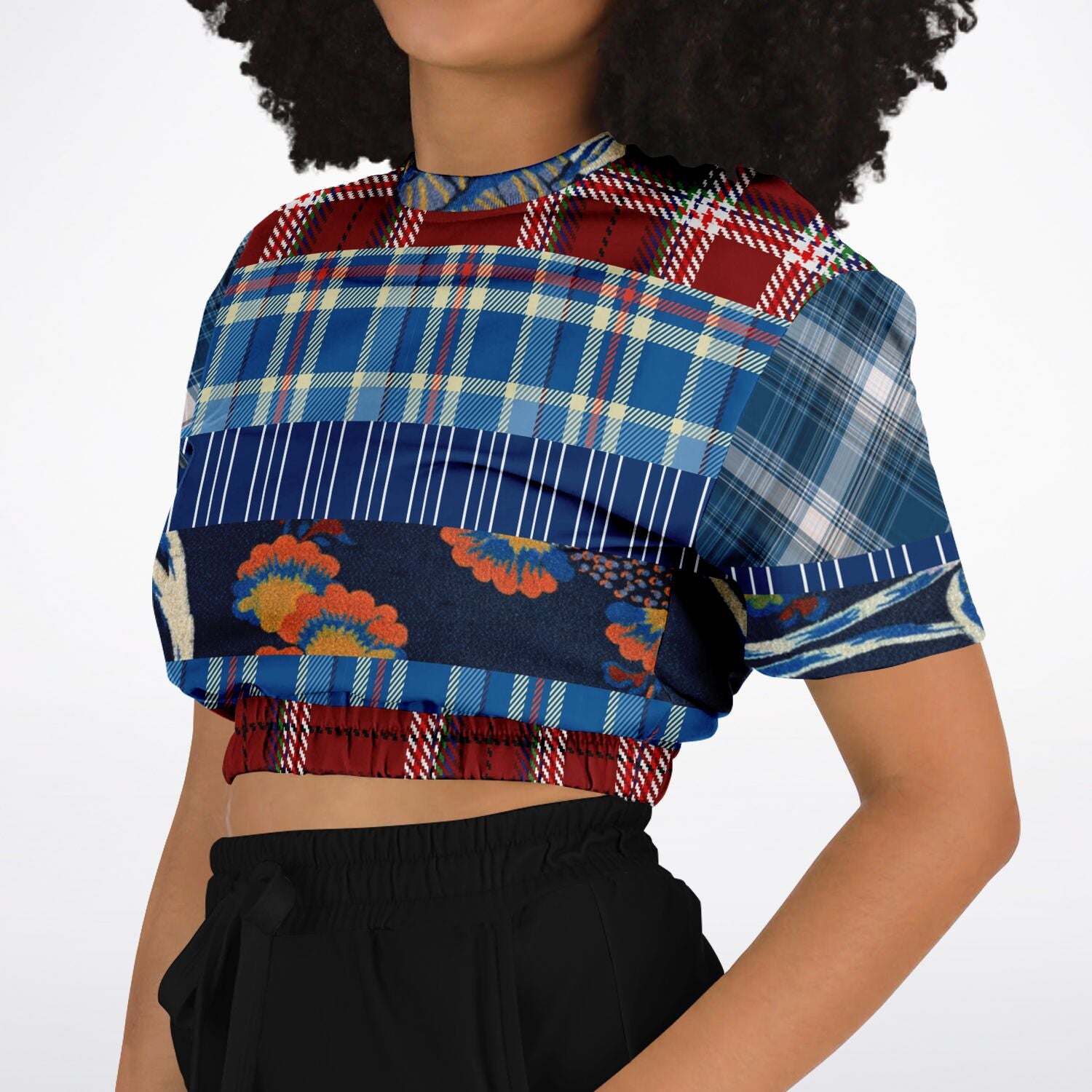 Andromeda Blue Plaid Eco-Poly Short Sleeve Cropped Sweater