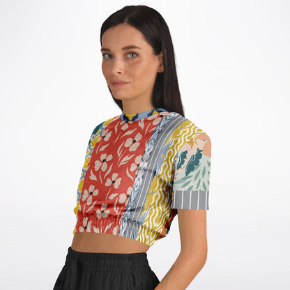 Tallulah Bankhead Yellow Patchwork Short Sleeve Cropped Sweater