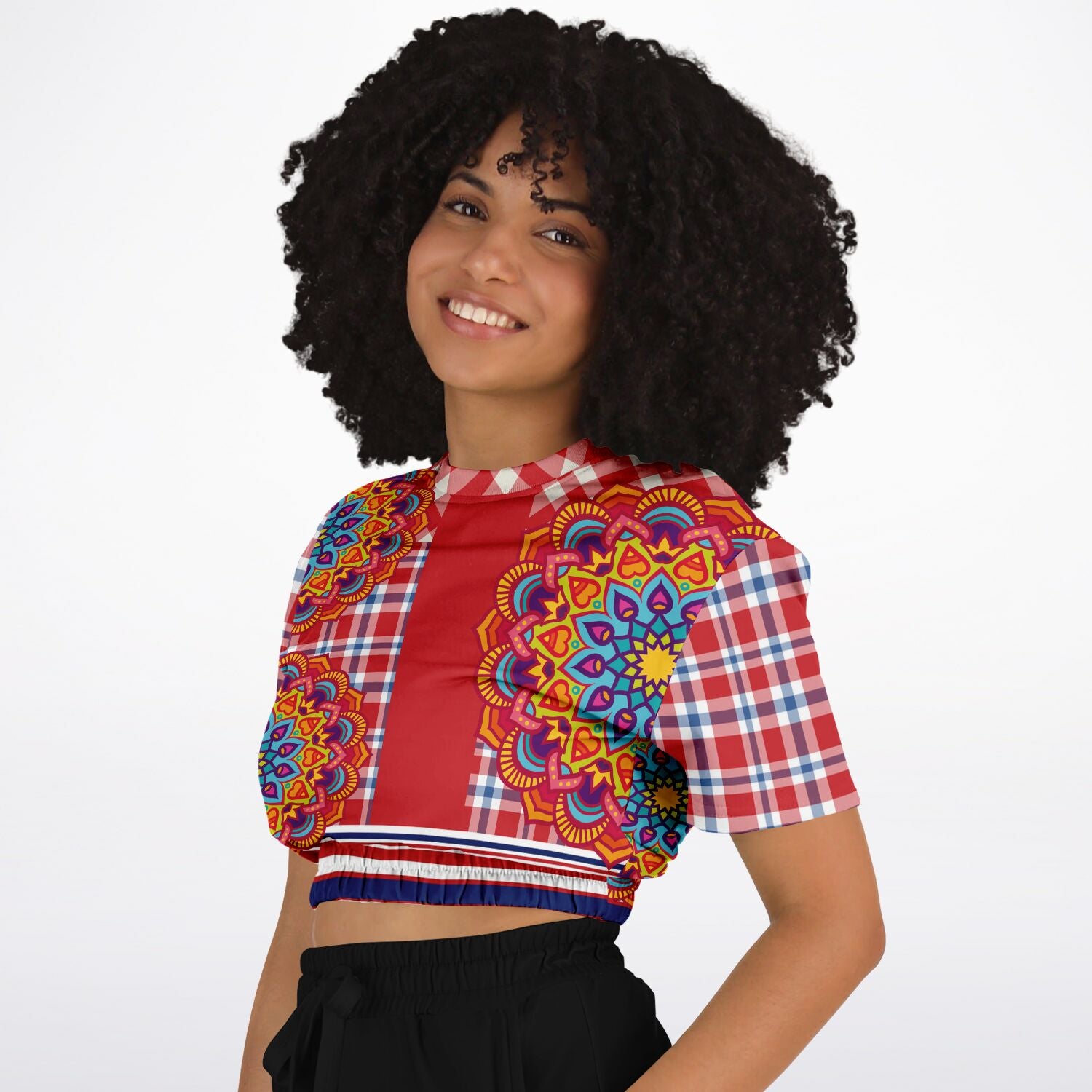 Hippy-Dippy Plaid Eco-Poly Cropped Short Sleeve Sweater