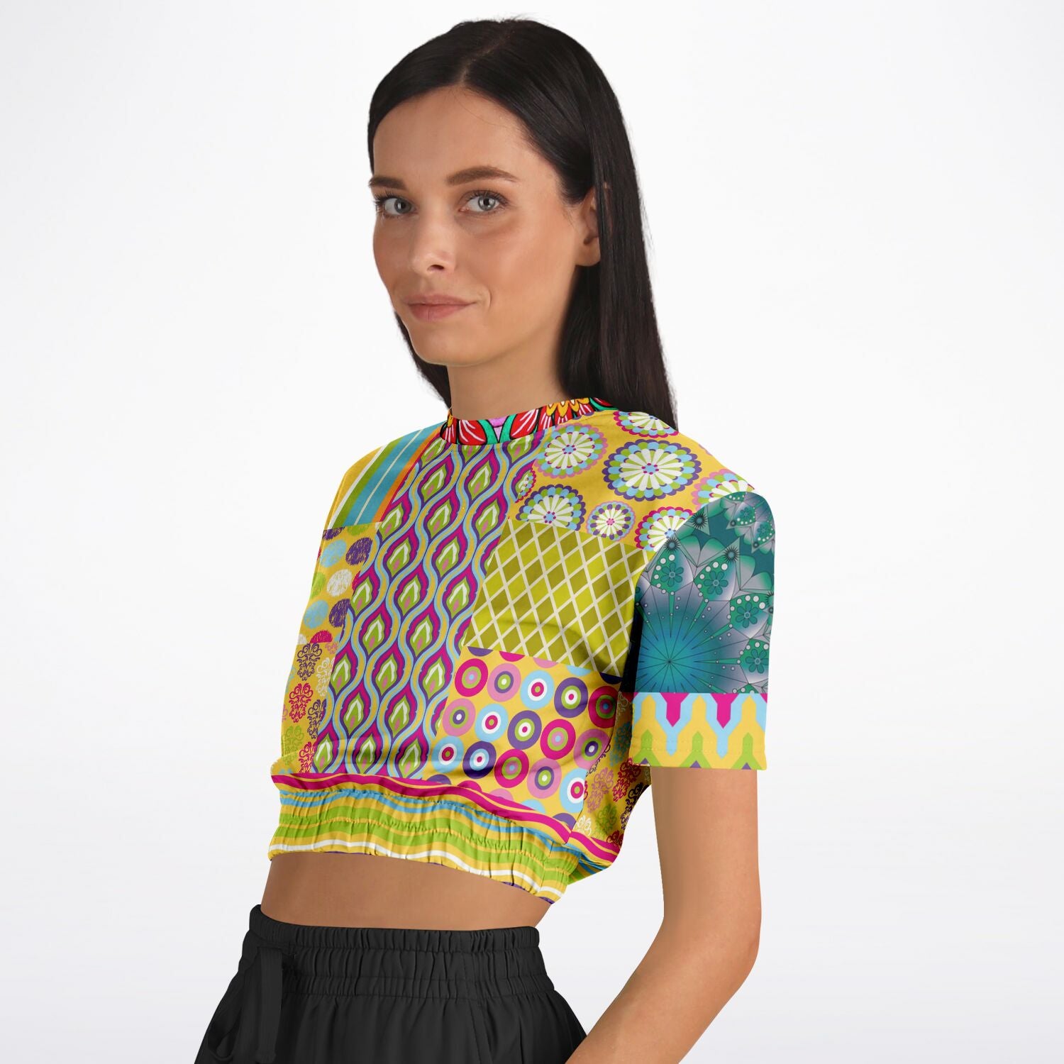Hello Janis! Green Geo Print Short Sleeve Eco-Poly Cropped Sweater