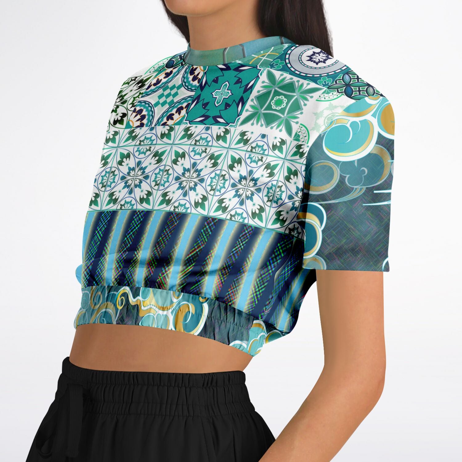 Green Meknes Mosaic Tile Eco-Poly Short Sleeve Cropped Sweater