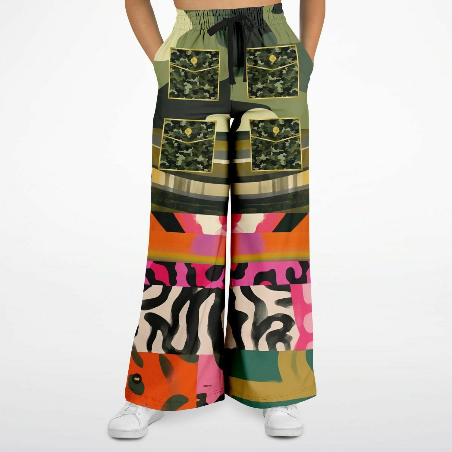 Faces of Medusa Patchwork Print Eco-Poly Wide Leg Pants