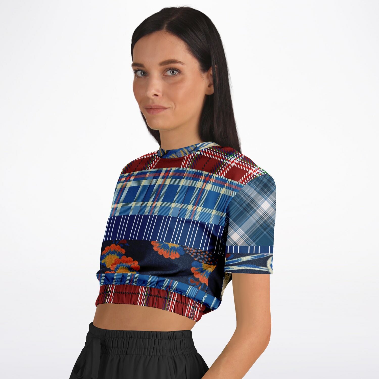 Andromeda Blue Plaid Eco-Poly Short Sleeve Cropped Sweater