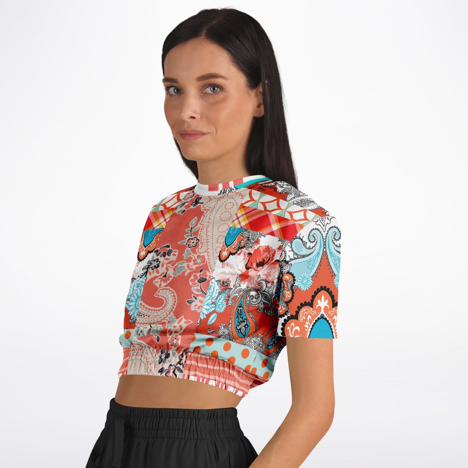 Coral Springs Hippie Patchwork Eco-Poly Short Sleeve Cropped Sweater