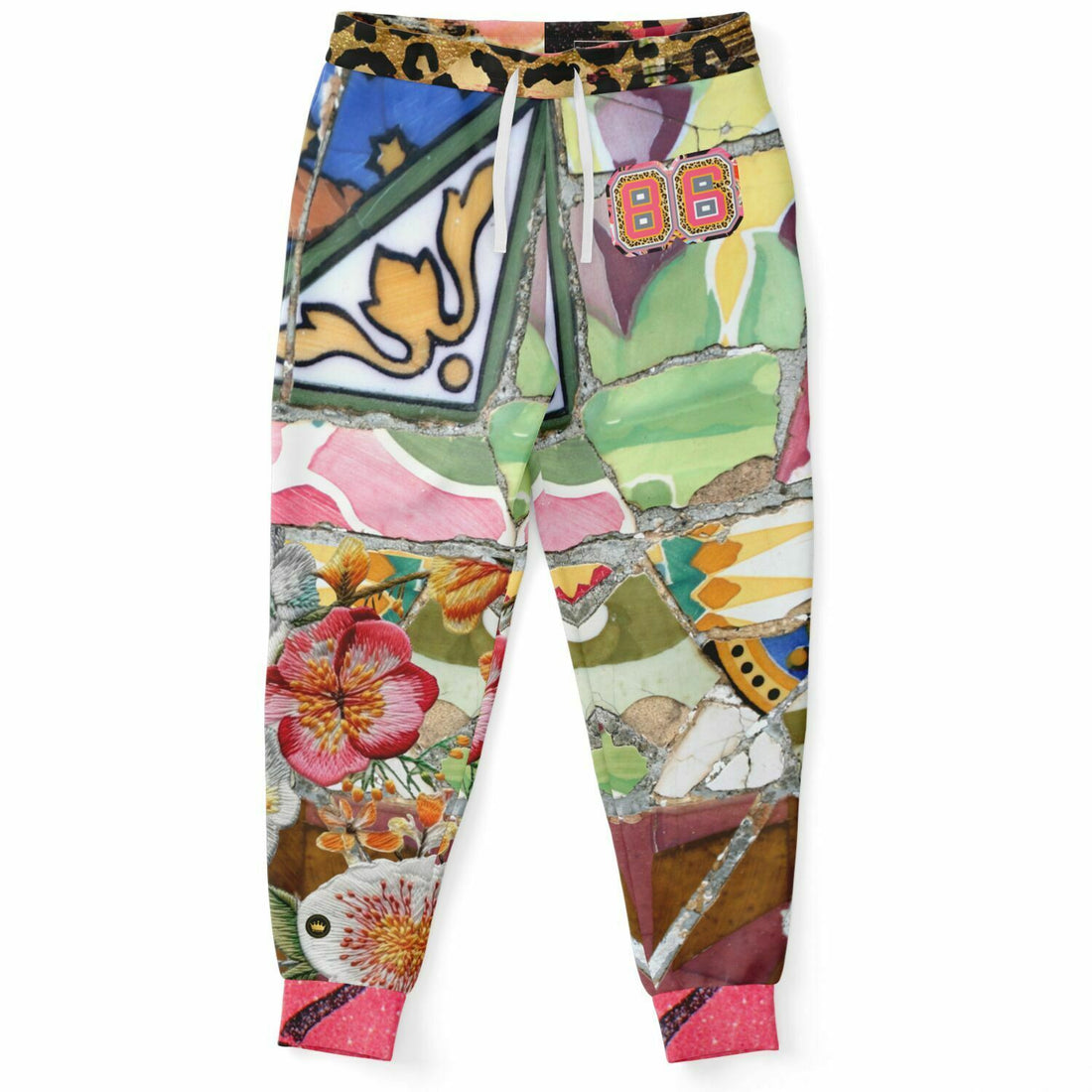 Joggers unisex de poliéster ecológico con mosaico floral de sabana africana rosa 